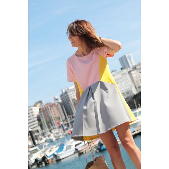 NWOT BlOGGER Fav SHEIN Pink, Yellow, Gray colorblocked dress - Picture 7 of 12